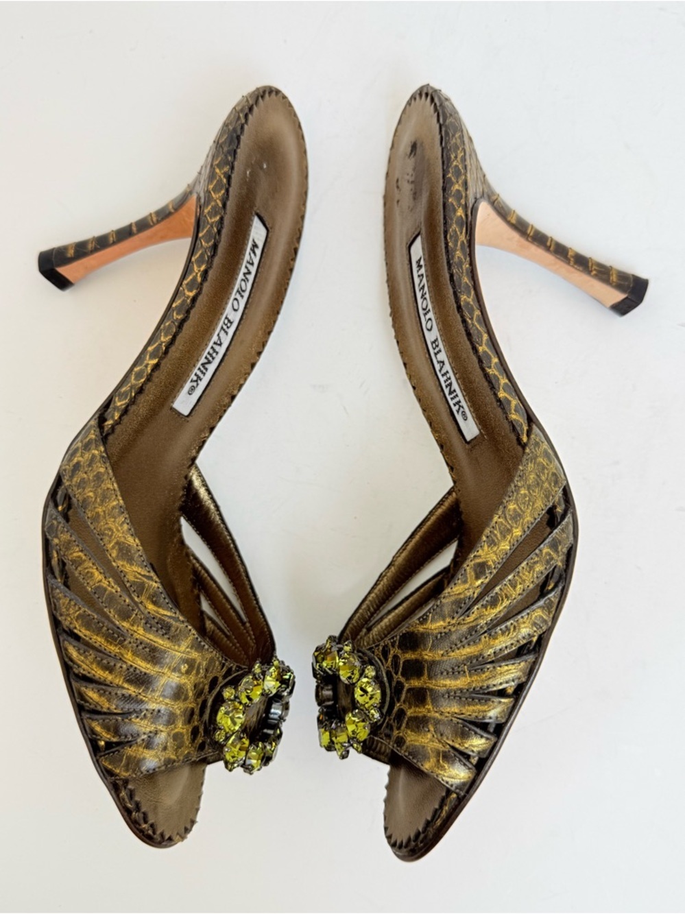 Manolo Blahnik Metallic Green snakeskin Crystal Embellished High Heel Mules 36.5 - Picture 5 of 9